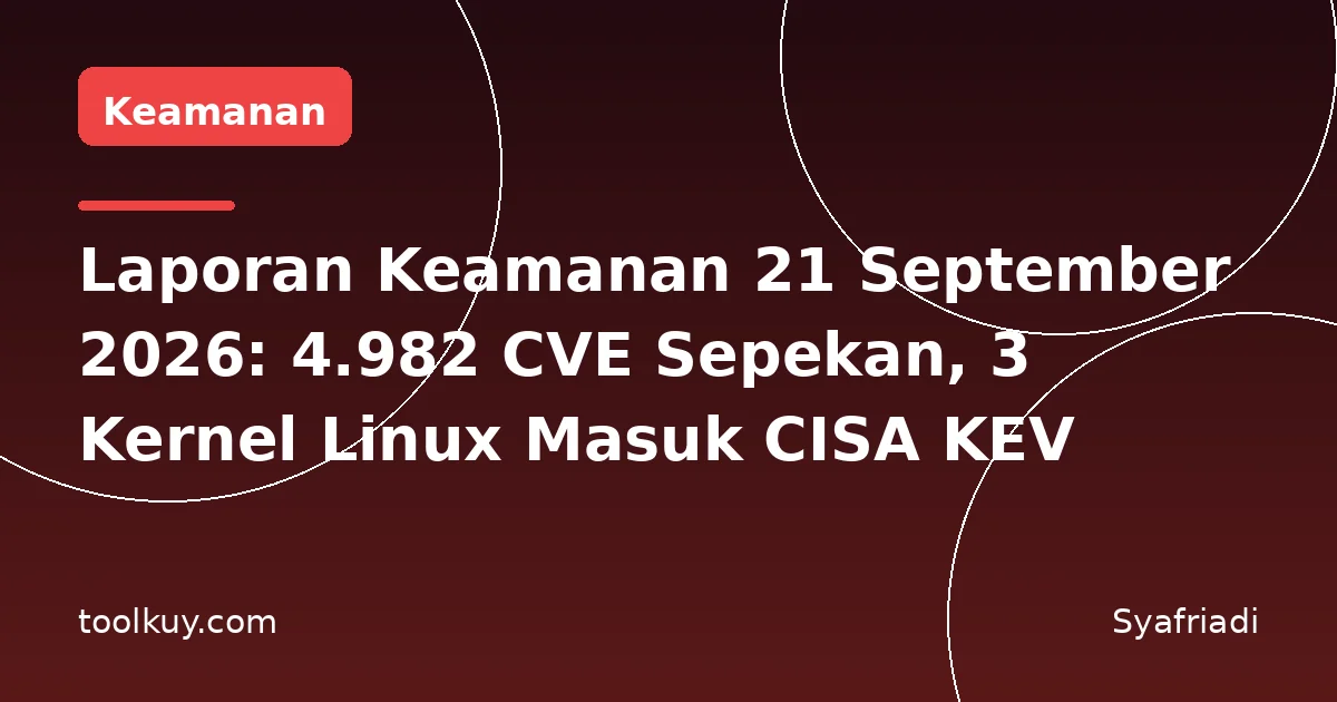 Laporan Keamanan 21 September 2026: 4.982 CVE Sepekan, 3 Kernel Linux Masuk CISA KEV